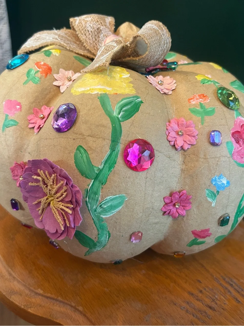 Boujee Hand-painted Floral Paper Maché Bedazzled Pumpkin with Paper Flowers